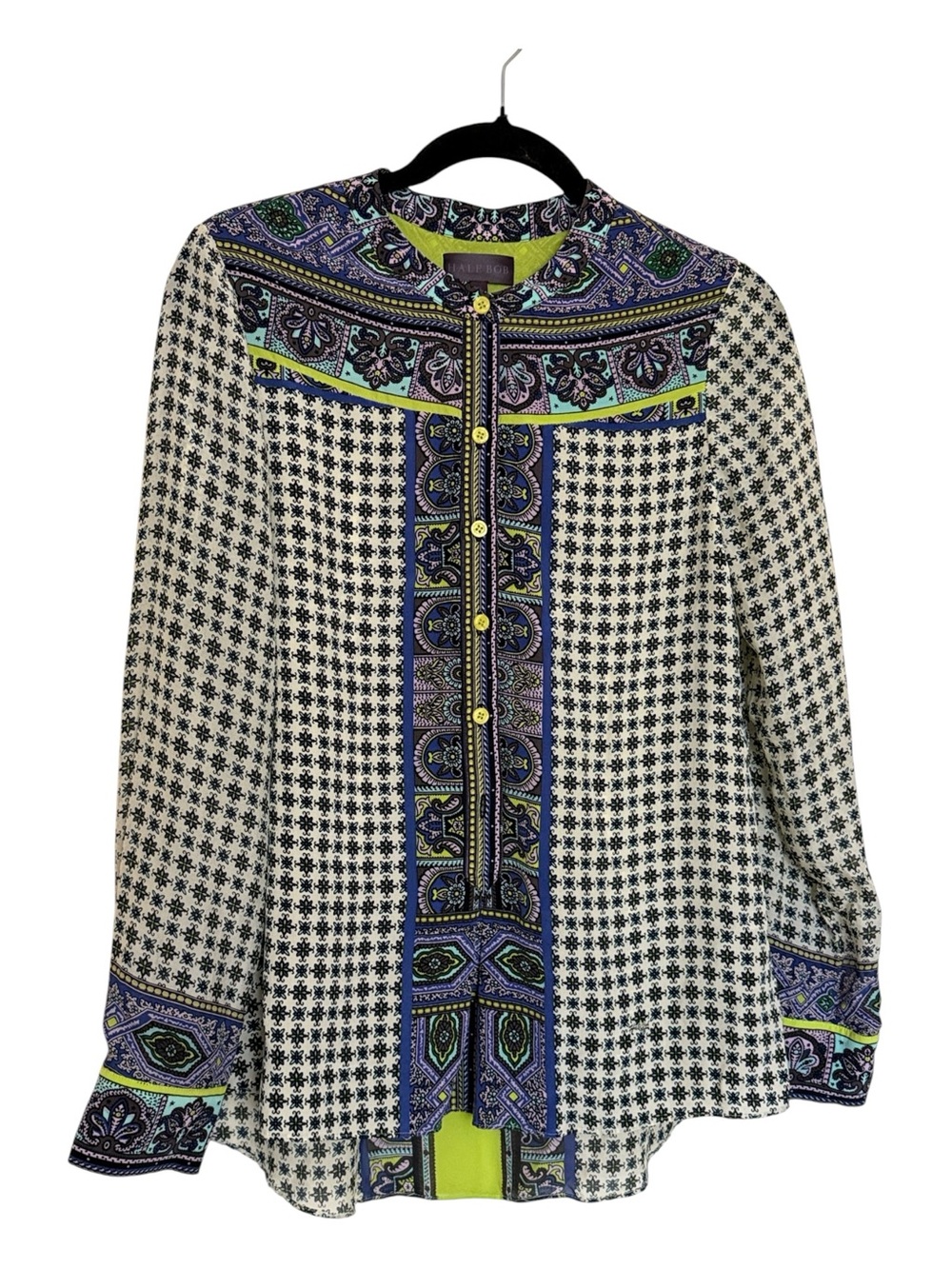 Hale Bob 100% Silk button front top, geometric and paisley/foral print, size S